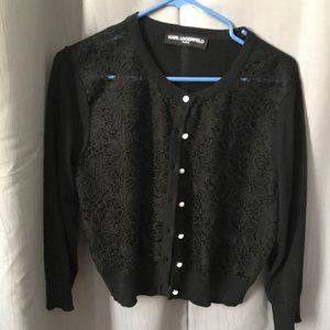 Karl Lagerfield Lace Front Black Cardigan, Lg